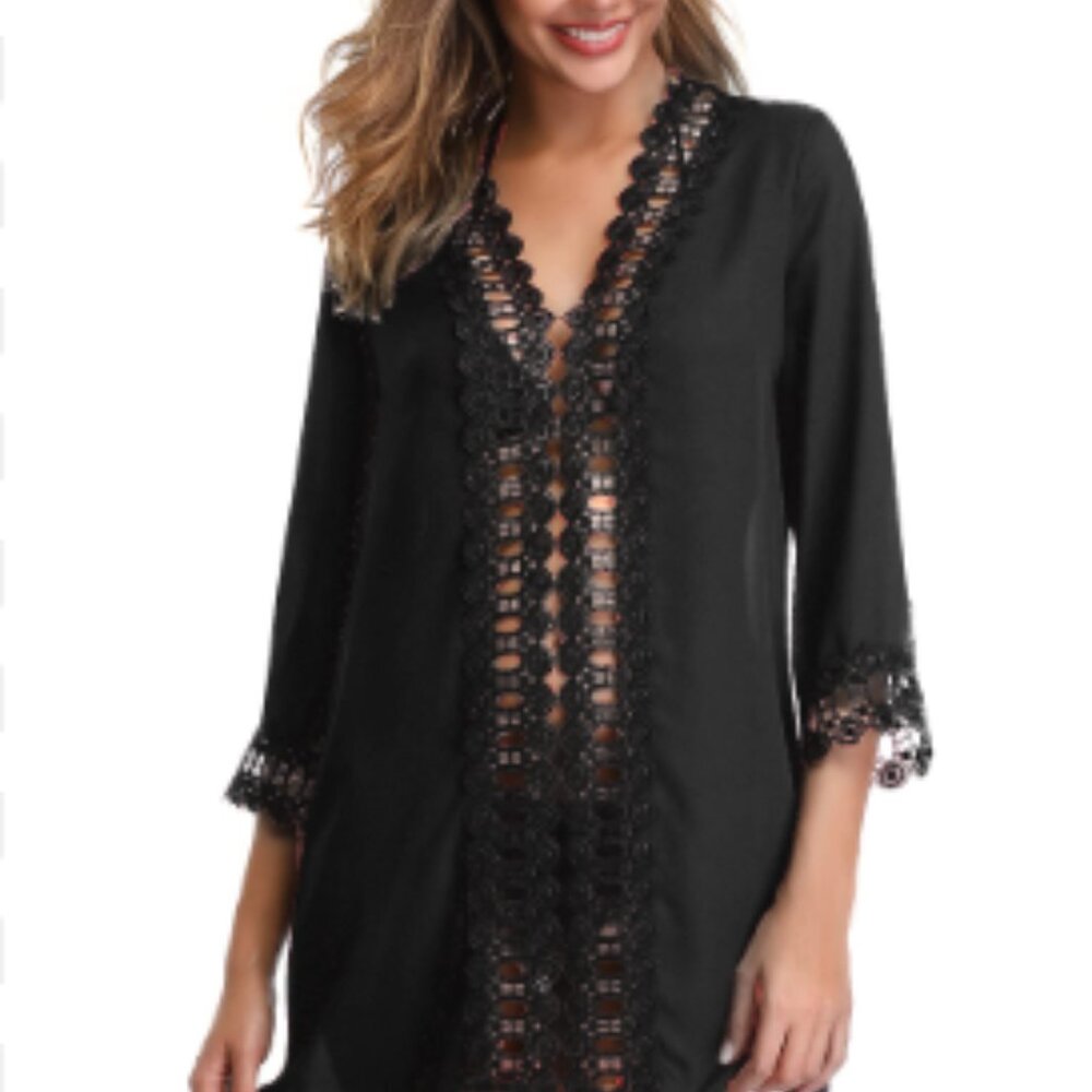 MiYang Women's Floral Lace Beach Bikini Swimwear Cover-up Black (S)